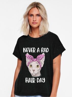 Never a Bad Hair Day Cat Graphic Tee - Black with Pink Accent